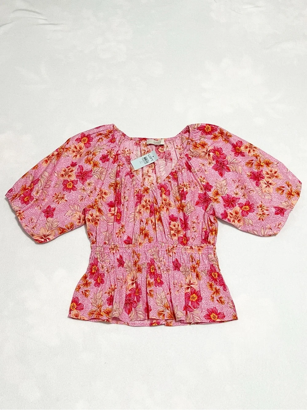 NWT!  LOFT Pink Floral Smocked Peplum Top Puff Sleeves Medium Cottage Boho